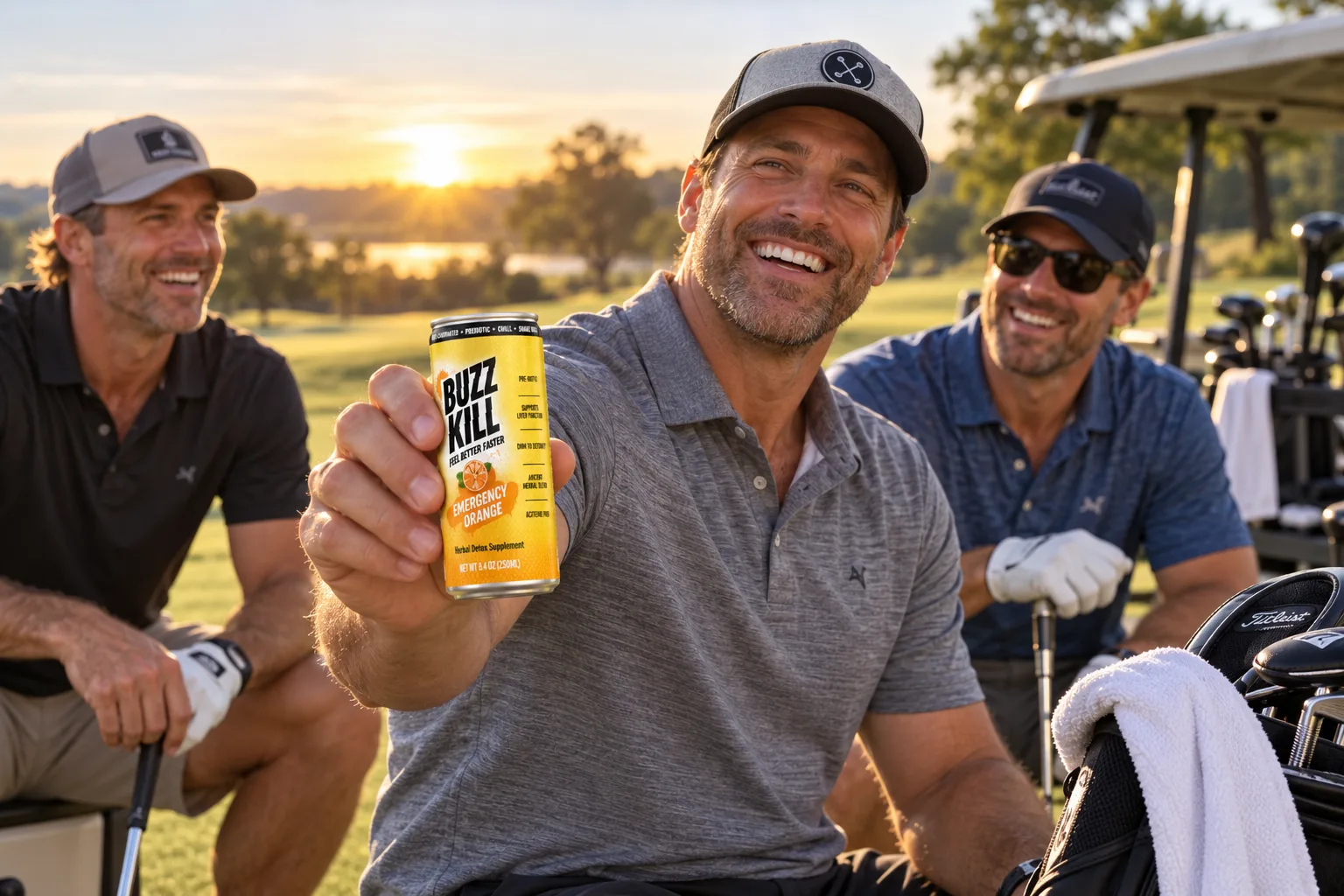Friends on a golf course holding a Buzzkill can