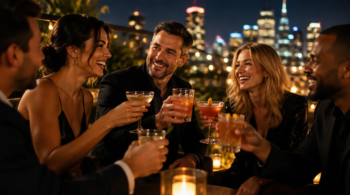 Friends toasting on a rooftop at night